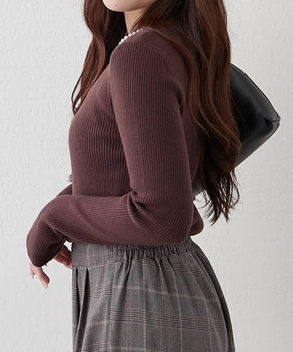 【RMAF】珍珠裝飾小高領羅紋針織衫