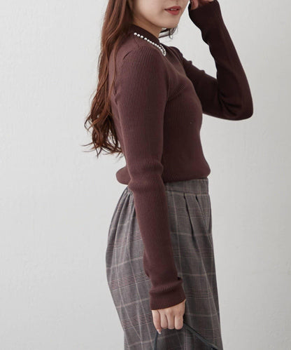 【RMAF】珍珠裝飾小高領羅紋針織衫