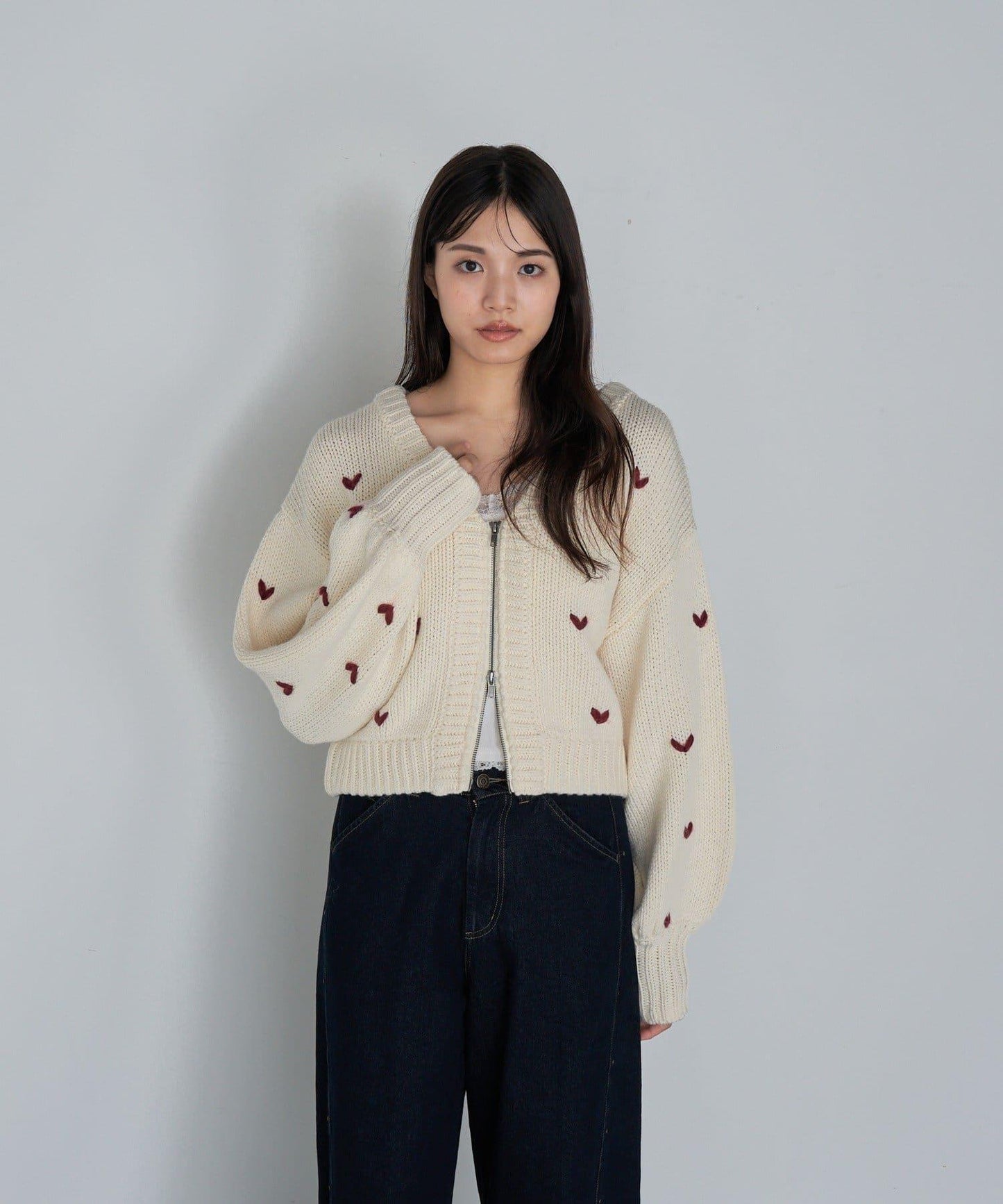 拉鍊式愛心圖案短款開衫