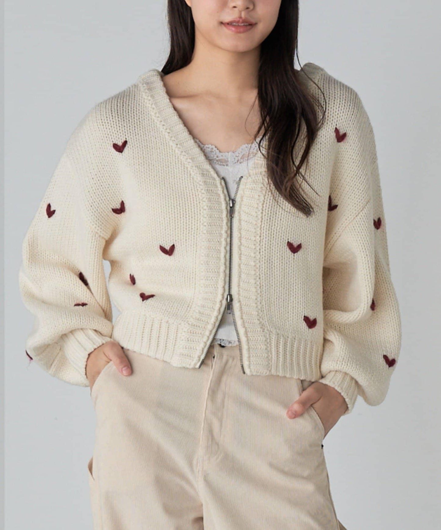 拉鍊式愛心圖案短款開衫