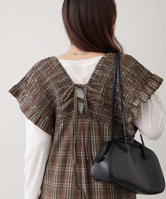 格紋褶皺連體褲