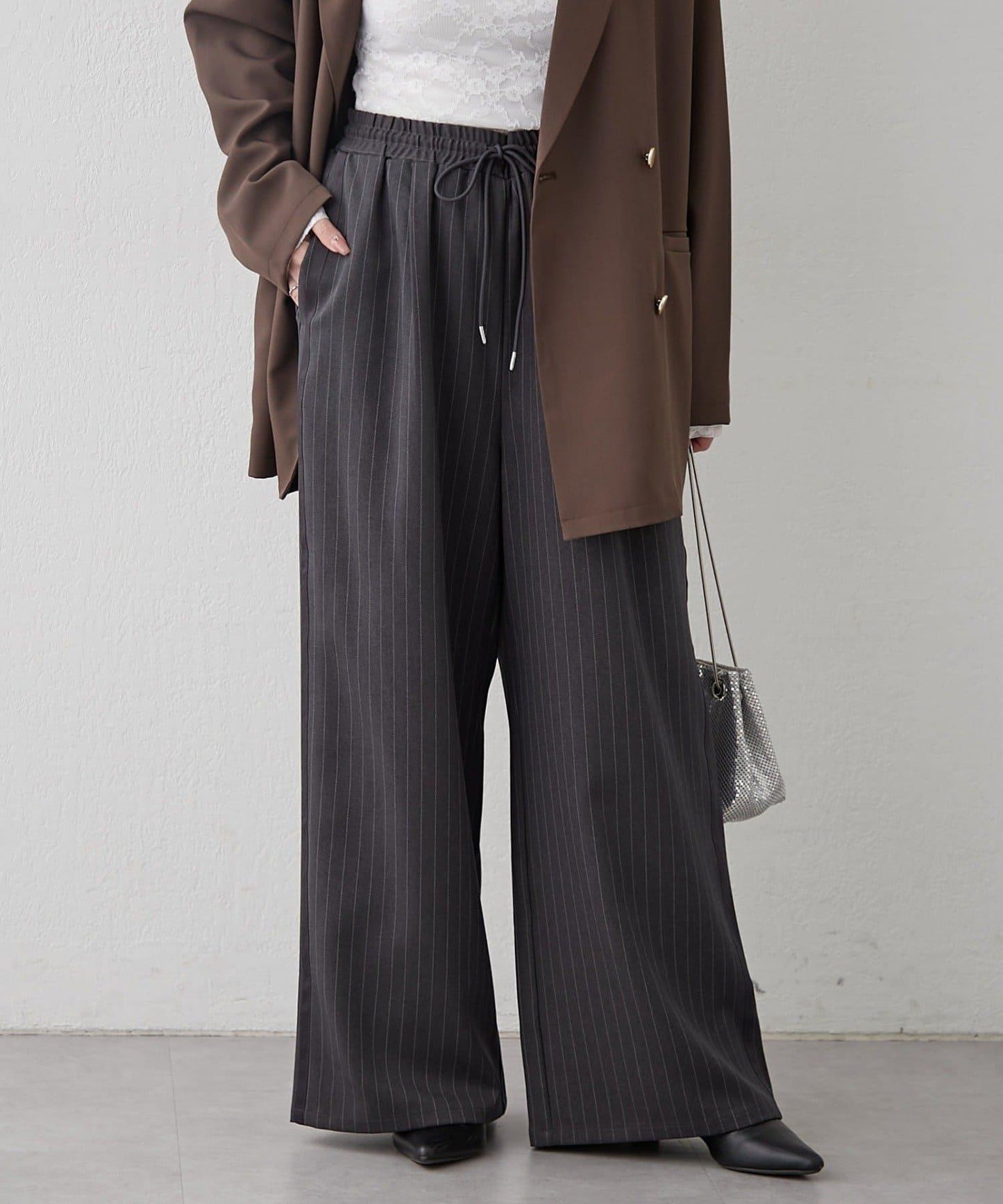 【NUNIFE】細條紋休閒褲