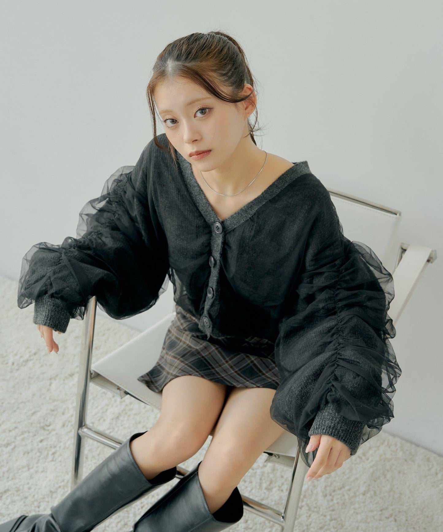 【Chico】網紗層疊蓬鬆針織衫