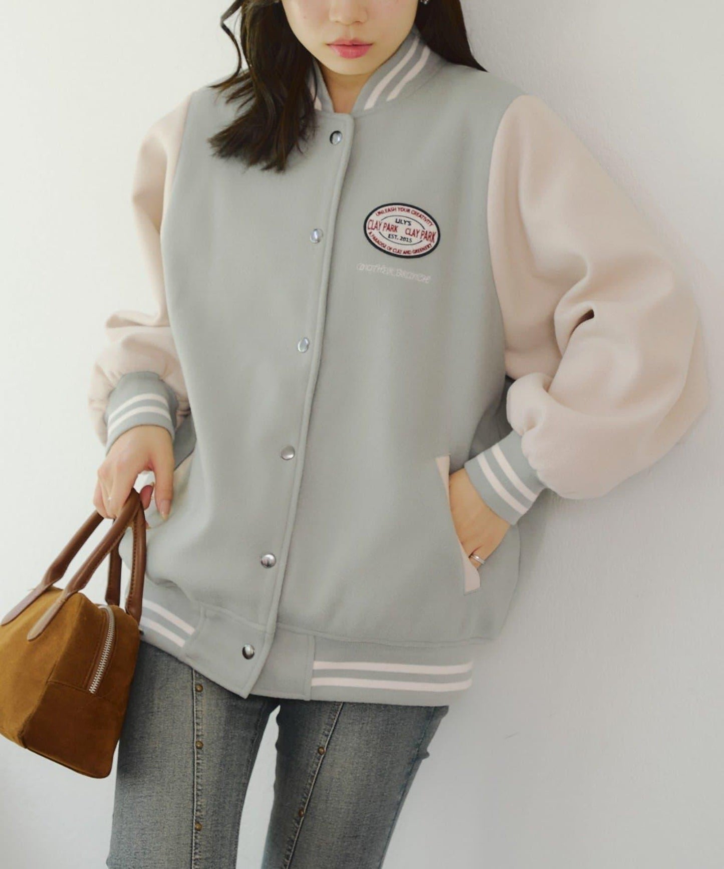 秋季混搭造型定番【RMAF】背部標誌拼色棒球夾克