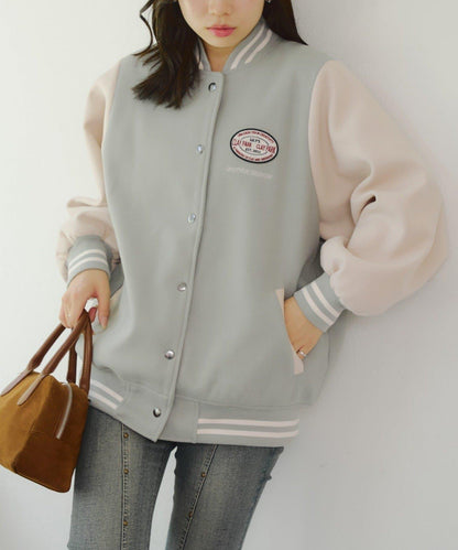 秋季混搭造型定番【RMAF】背部標誌拼色棒球夾克