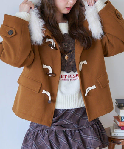 【RMAF】帶毛絨裝飾牛角扣大衣