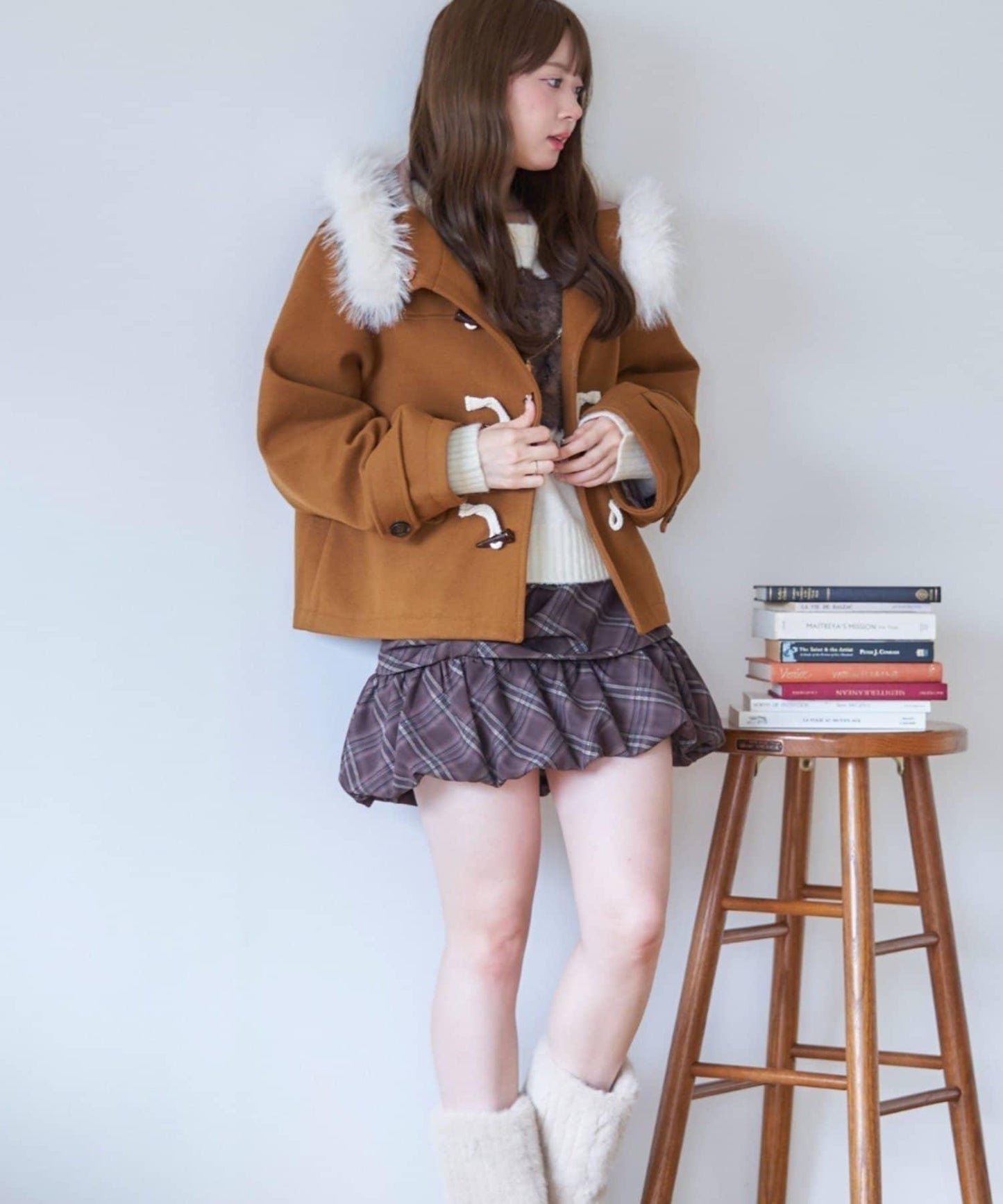 【RMAF】帶毛絨裝飾牛角扣大衣