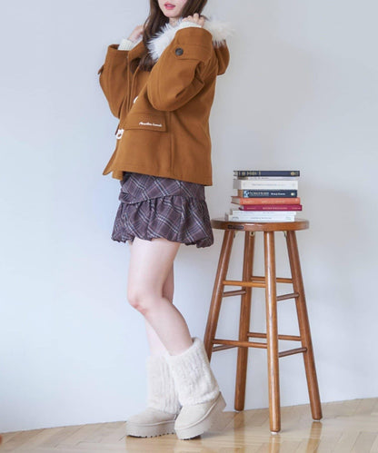 【RMAF】帶毛絨裝飾牛角扣大衣