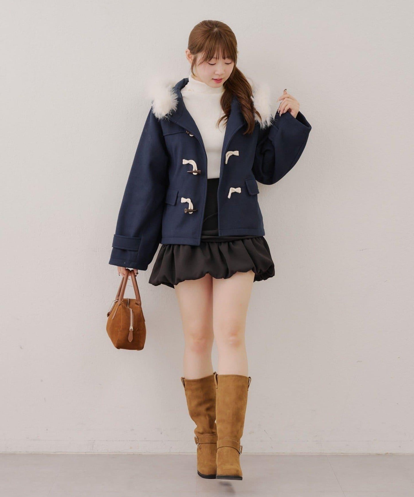 【RMAF】帶毛絨裝飾牛角扣大衣