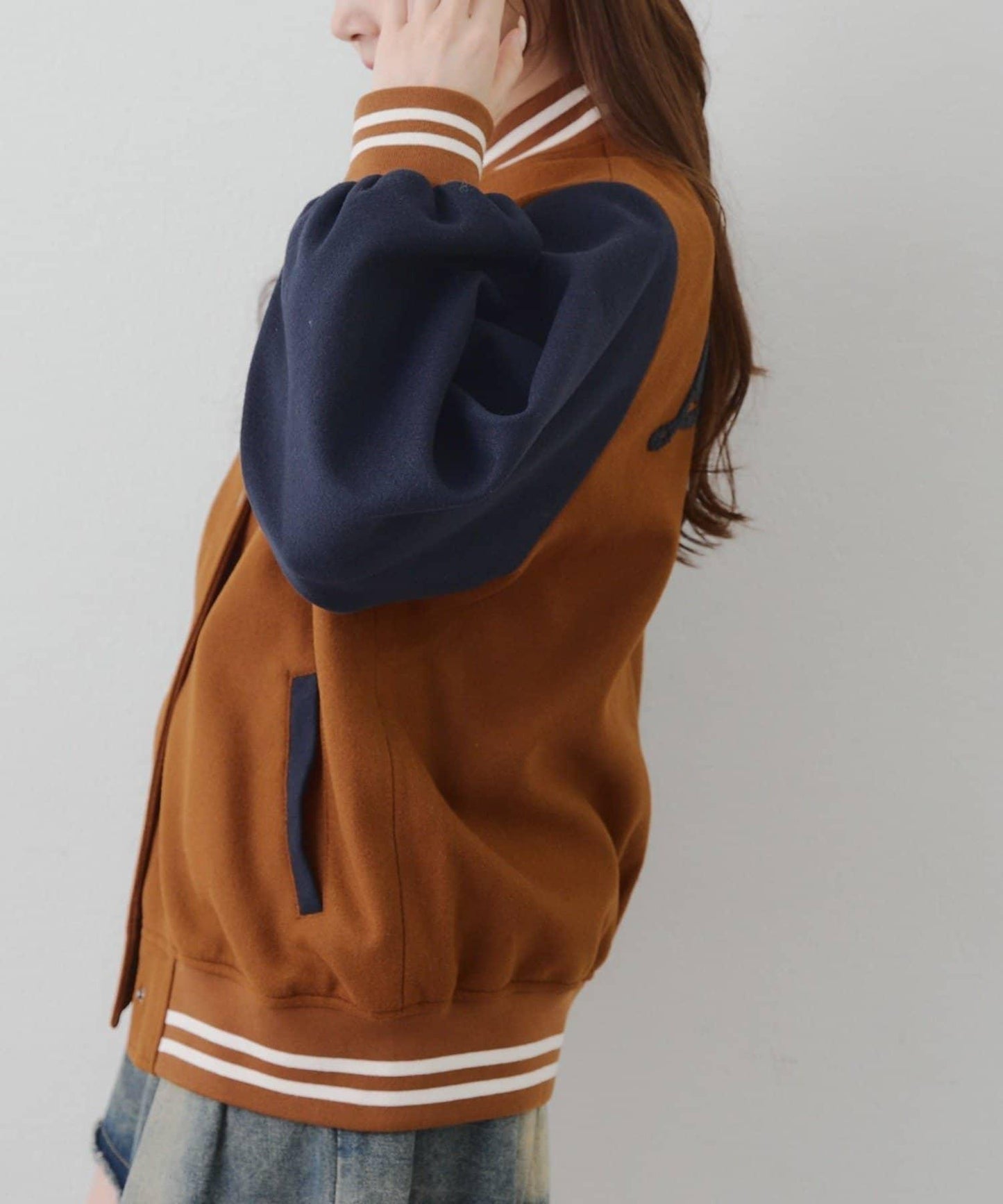 秋季混搭造型定番【RMAF】背部標誌拼色棒球夾克