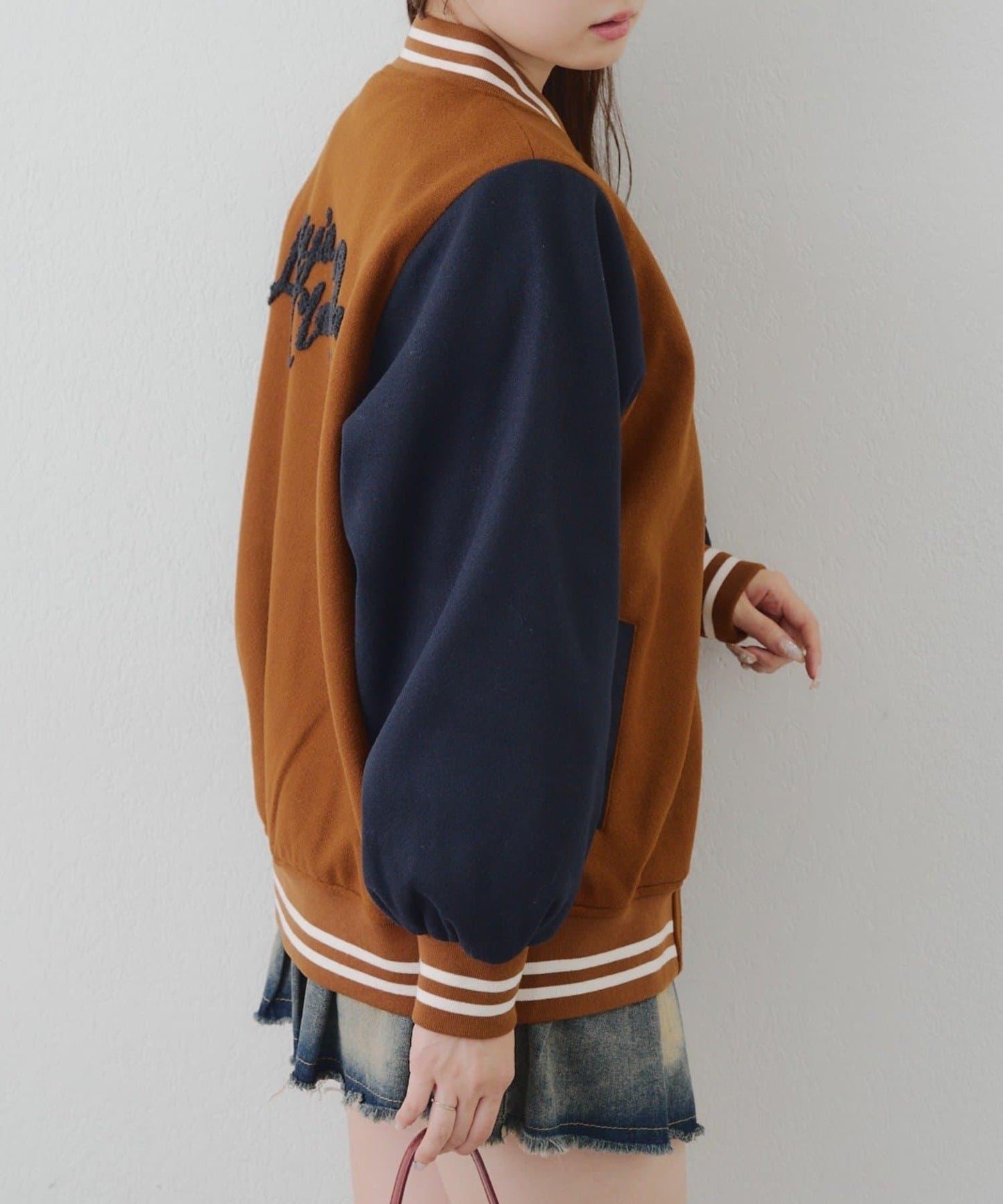 秋季混搭造型定番【RMAF】背部標誌拼色棒球夾克