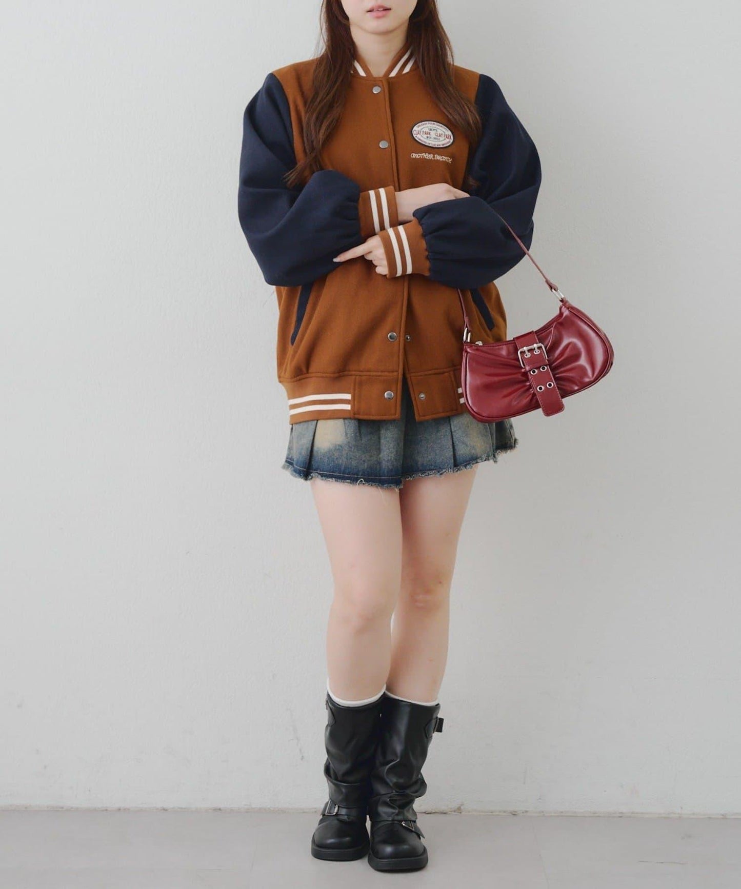 秋季混搭造型定番【RMAF】背部標誌拼色棒球夾克