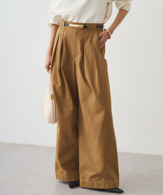 休閒腰帶褶皺長褲