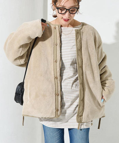 特別款可雙面穿羊羔絨拼接菱格無領羽絨服【限量】