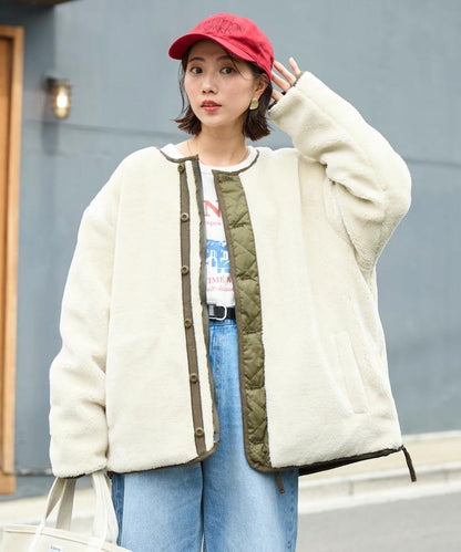 特別款可雙面穿羊羔絨拼接菱格無領羽絨服【限量】