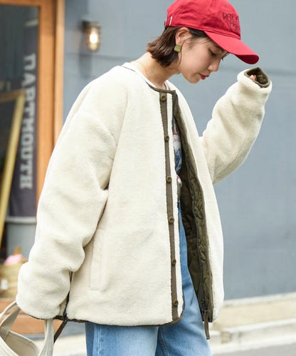 特別款可雙面穿羊羔絨拼接菱格無領羽絨服【限量】