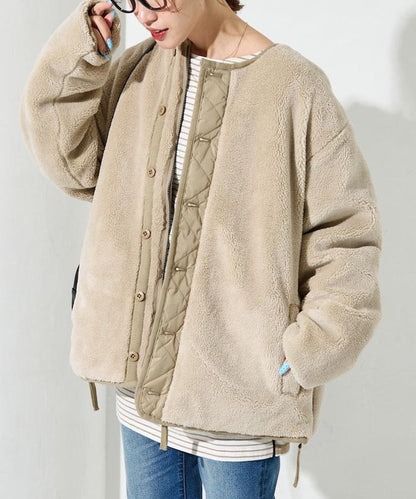 特別款可雙面穿羊羔絨拼接菱格無領羽絨服【限量】
