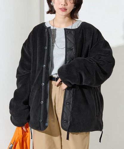 特別款可雙面穿羊羔絨拼接菱格無領羽絨服【限量】