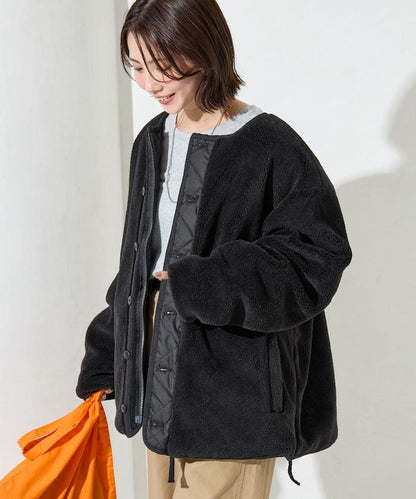 特別款可雙面穿羊羔絨拼接菱格無領羽絨服【限量】