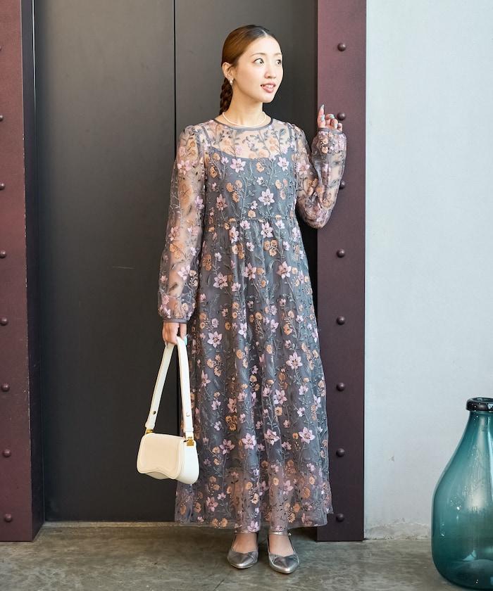 蕾絲刺繡花卉圖案連衣裙禮服