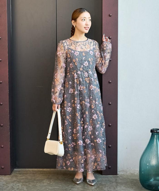 蕾絲刺繡花卉圖案連衣裙禮服
