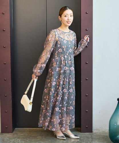 蕾絲刺繡花卉圖案連衣裙禮服