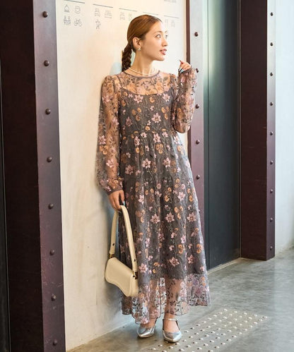蕾絲刺繡花卉圖案連衣裙禮服
