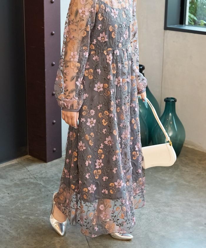蕾絲刺繡花卉圖案連衣裙禮服