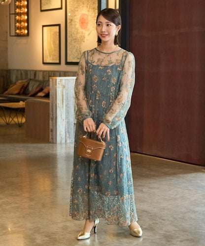 蕾絲刺繡花卉圖案連衣裙禮服