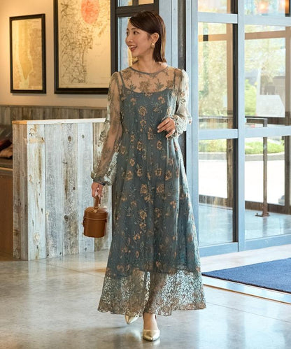 蕾絲刺繡花卉圖案連衣裙禮服