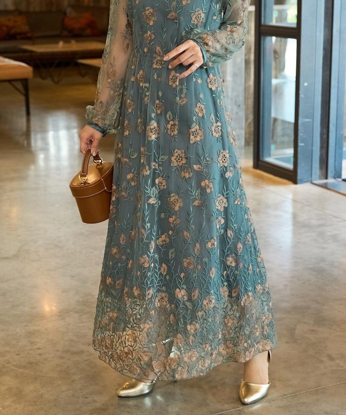 蕾絲刺繡花卉圖案連衣裙禮服