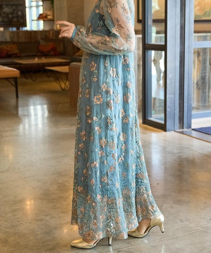 蕾絲刺繡花卉圖案連衣裙禮服