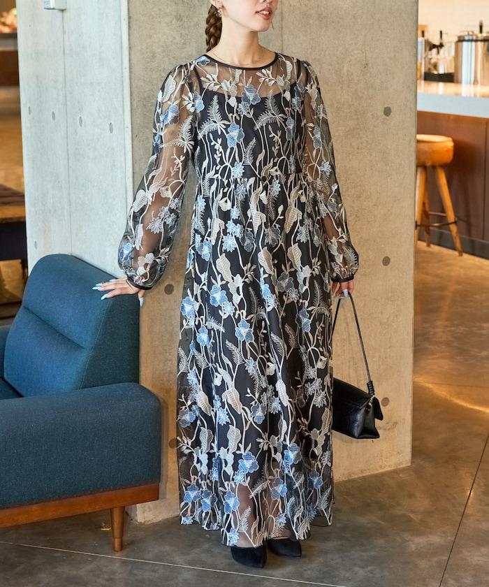 蕾絲刺繡花卉圖案連衣裙禮服