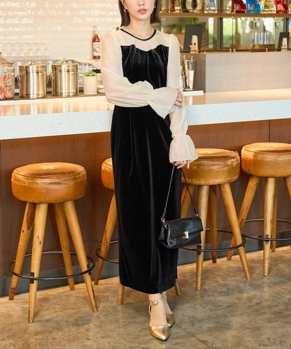 歐根紗天鵝絨拼接泡泡袖連衣裙（禮服）
