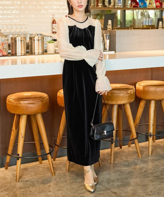 歐根紗天鵝絨拼接泡泡袖連衣裙（禮服）