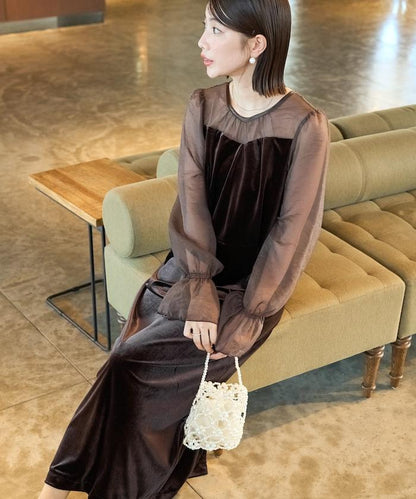歐根紗天鵝絨拼接泡泡袖連衣裙（禮服）