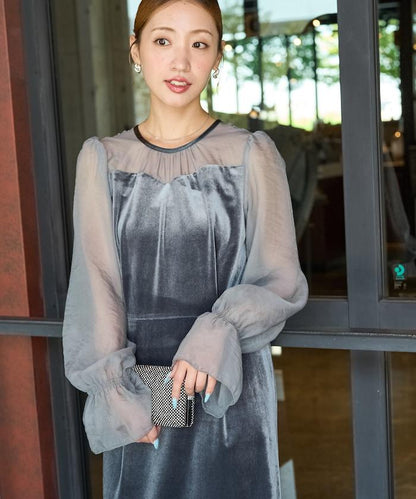歐根紗天鵝絨拼接泡泡袖連衣裙（禮服）