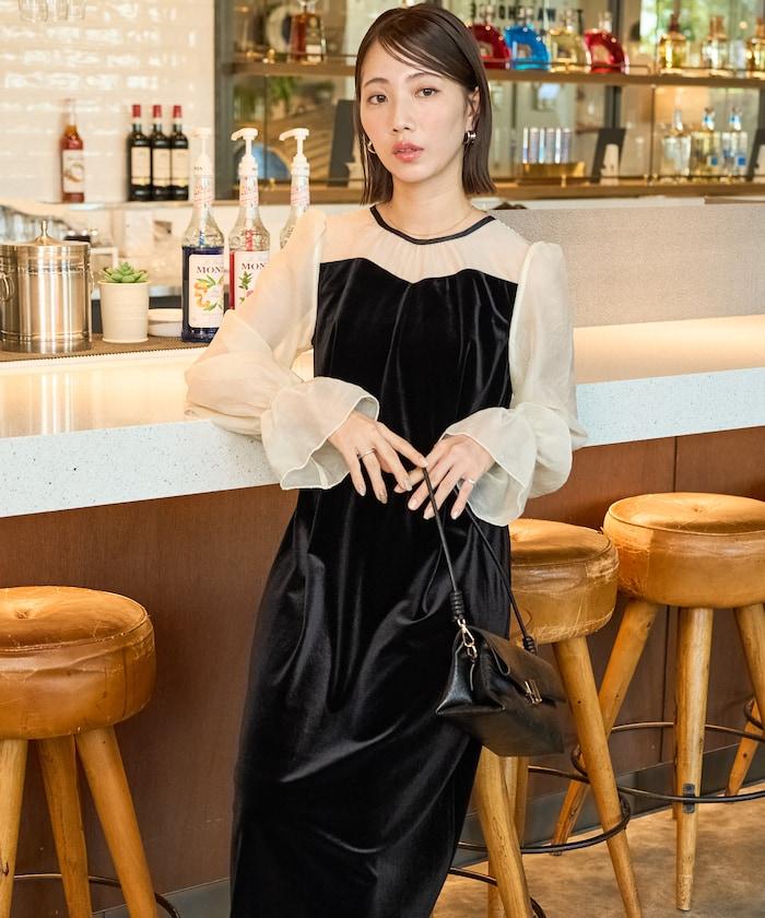 歐根紗天鵝絨拼接泡泡袖連衣裙（禮服）