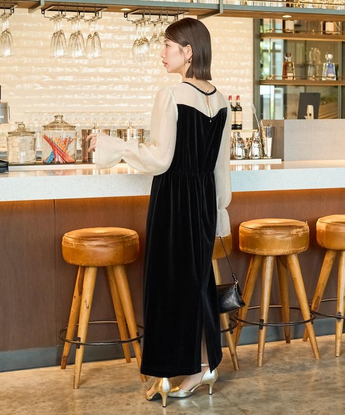 歐根紗天鵝絨拼接泡泡袖連衣裙（禮服）