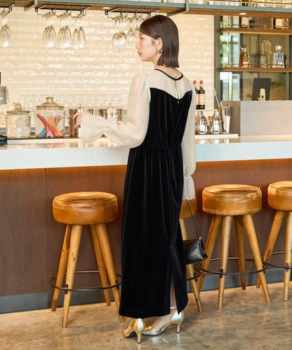 歐根紗天鵝絨拼接泡泡袖連衣裙（禮服）