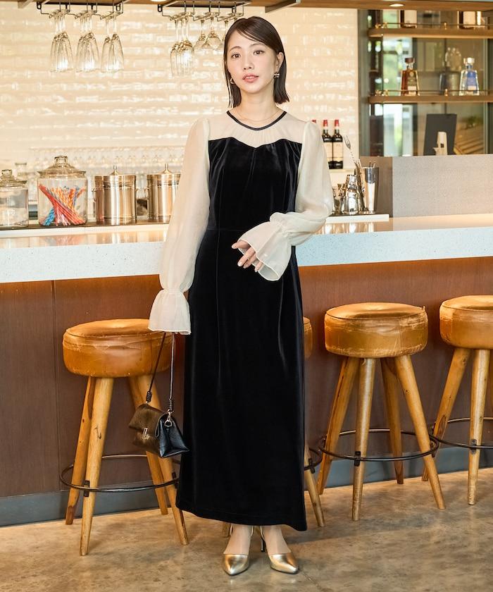 歐根紗天鵝絨拼接泡泡袖連衣裙（禮服）