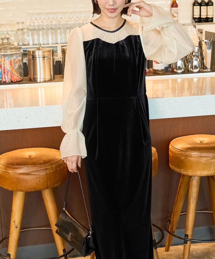 歐根紗天鵝絨拼接泡泡袖連衣裙（禮服）