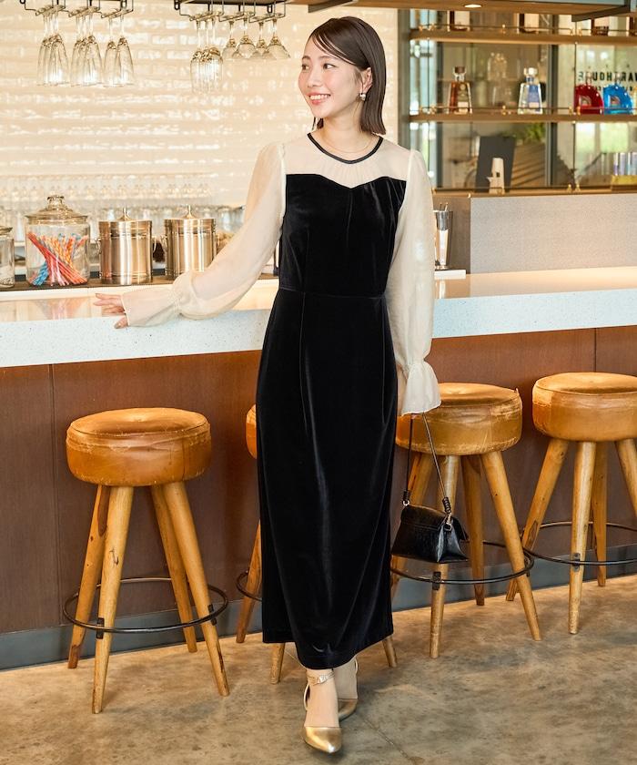 歐根紗天鵝絨拼接泡泡袖連衣裙（禮服）