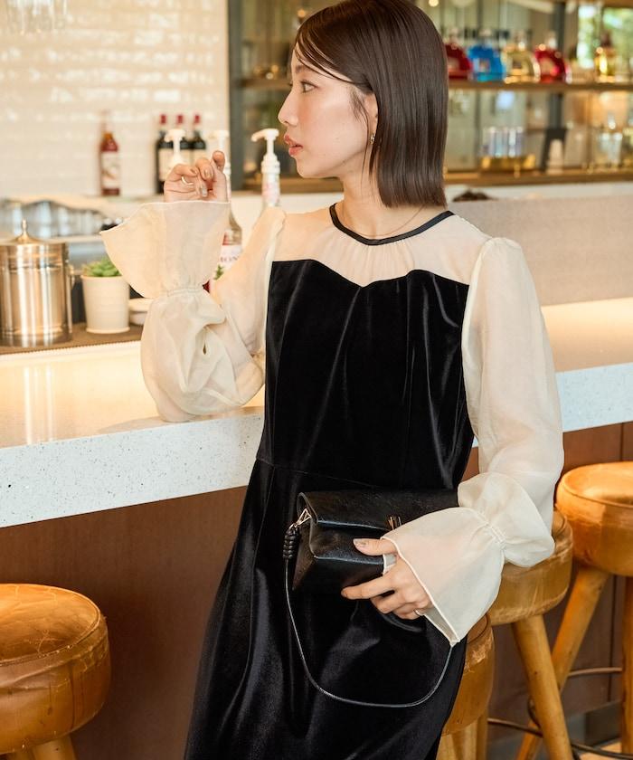 歐根紗天鵝絨拼接泡泡袖連衣裙（禮服）