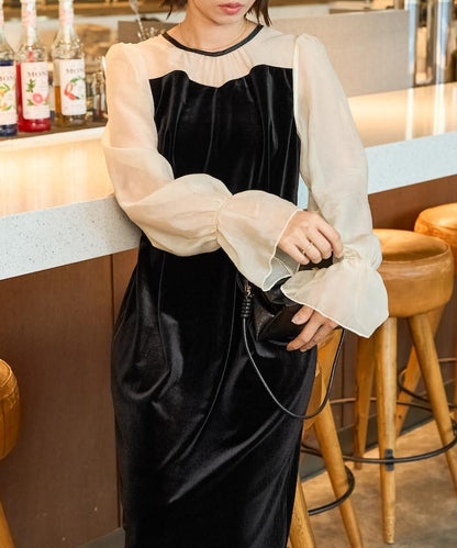 歐根紗天鵝絨拼接泡泡袖連衣裙（禮服）