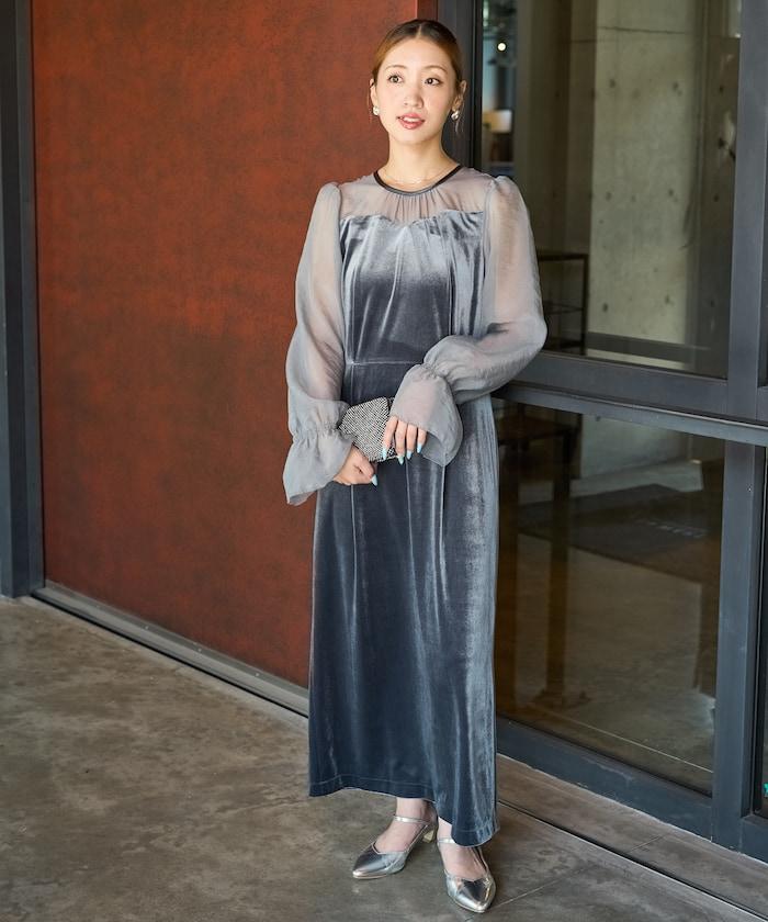 歐根紗天鵝絨拼接泡泡袖連衣裙（禮服）