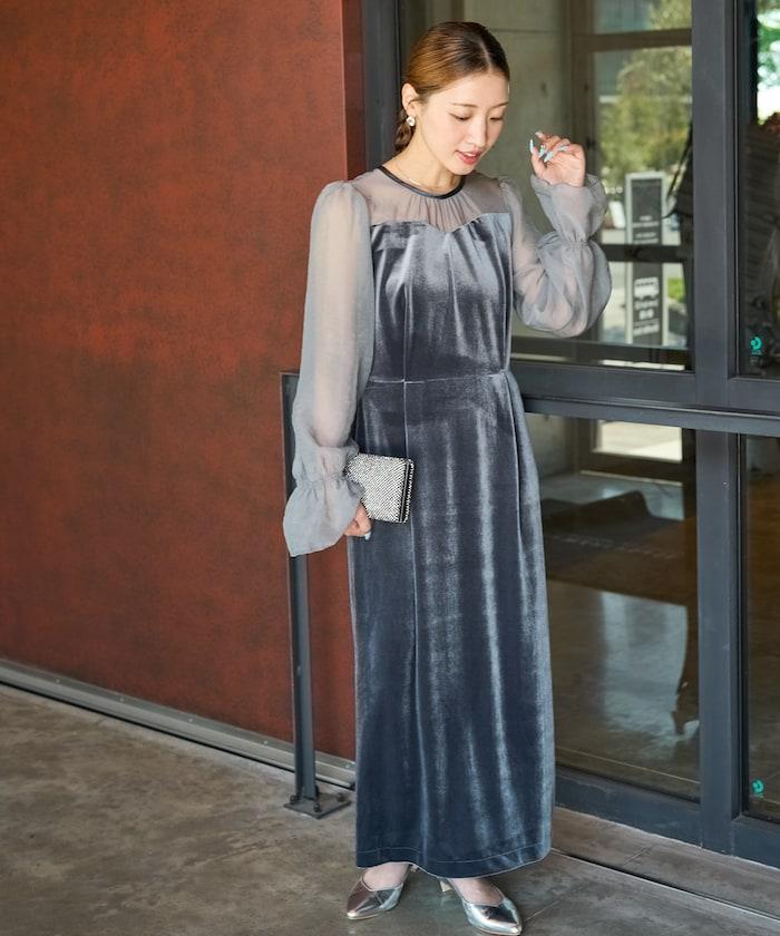 歐根紗天鵝絨拼接泡泡袖連衣裙（禮服）