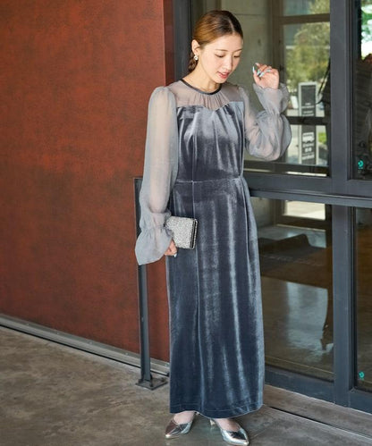 歐根紗天鵝絨拼接泡泡袖連衣裙（禮服）