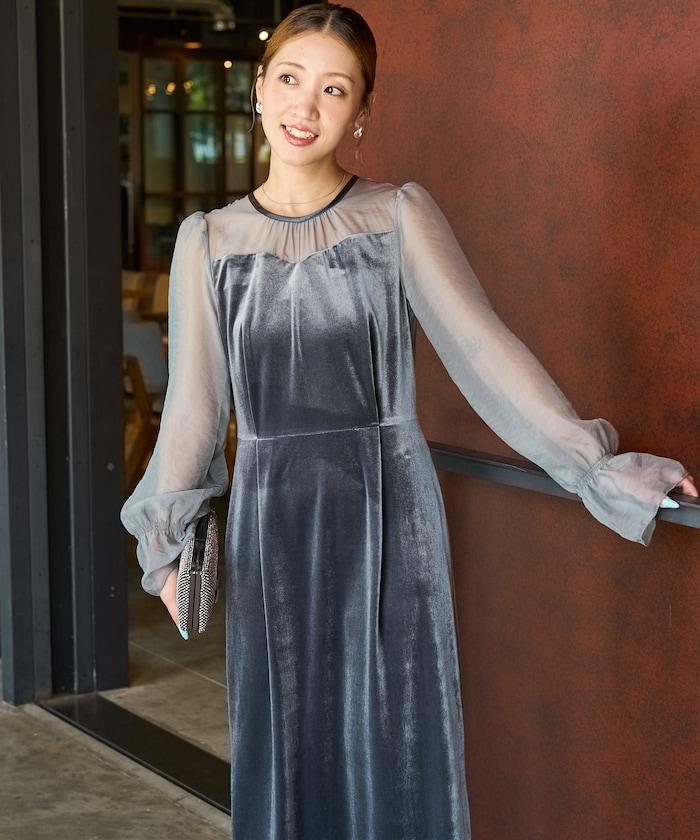 歐根紗天鵝絨拼接泡泡袖連衣裙（禮服）