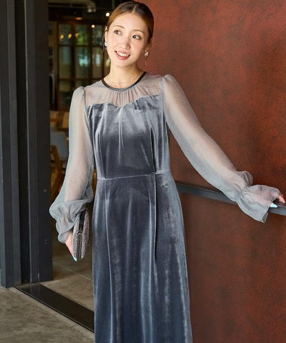 歐根紗天鵝絨拼接泡泡袖連衣裙（禮服）
